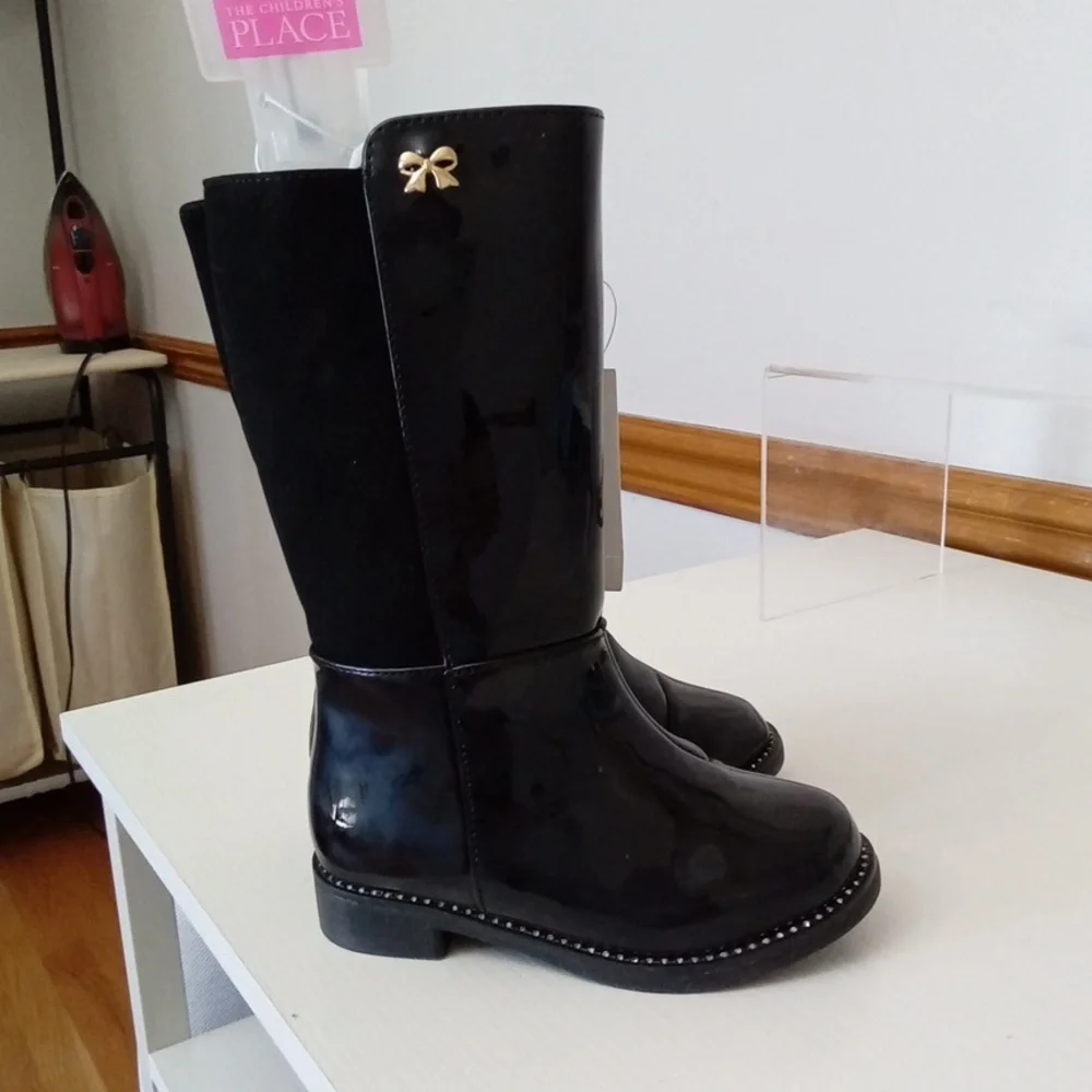 NWT The Children’s Place Toddler Girls Black Rain Boots Gold Bow Size 7